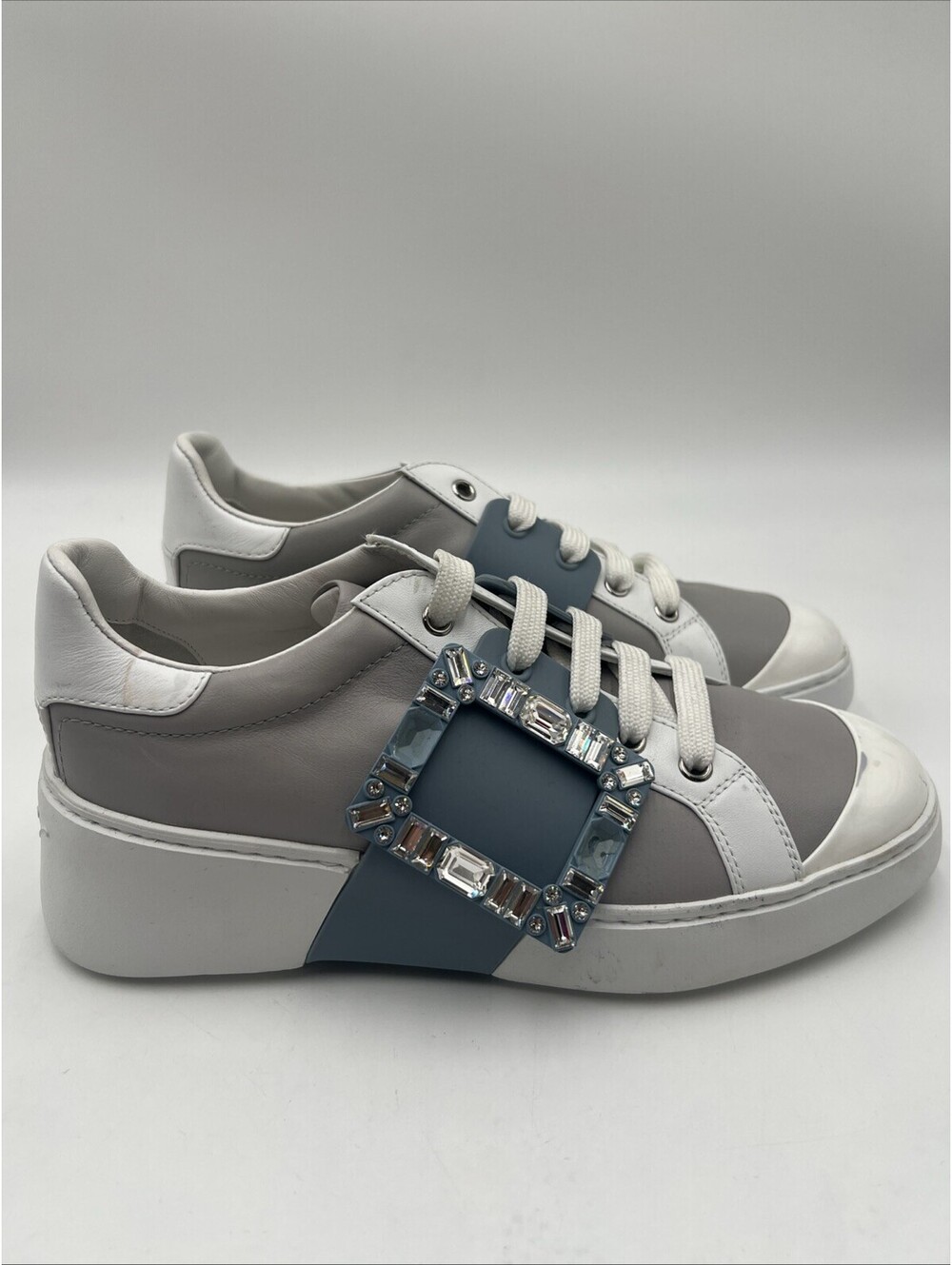 ROGER VIVIER Viv' Skate Strass Buckle Sneakers Grey/White/Blue Size 37.5